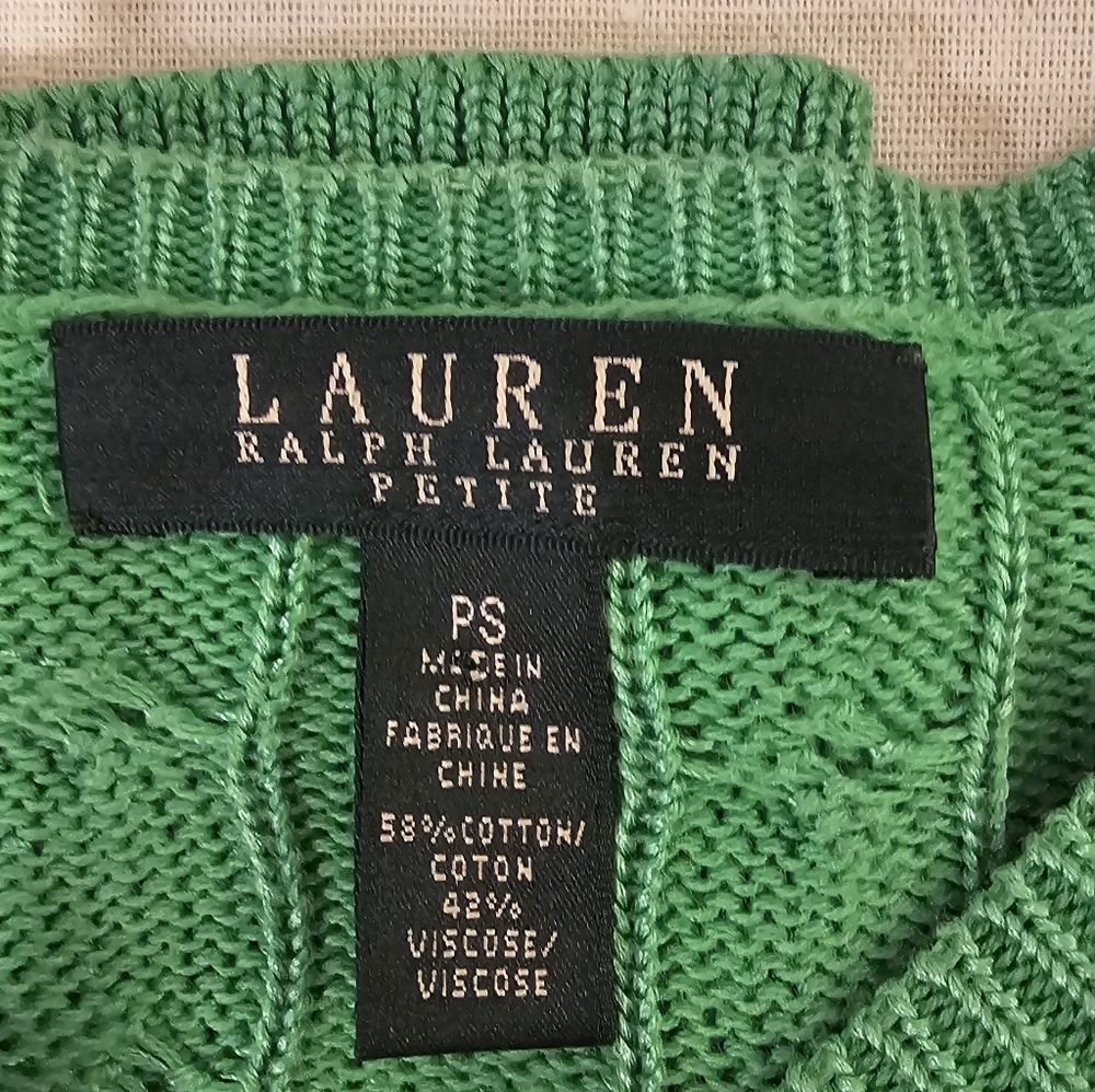NWOT L-RL Petite Green Women's Cable Knit Sweater With Gold Button Detail-PS - Picture 6 of 6
